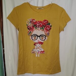 Vinizbena Sparkly Bedazzled Sequin Floral Butterfly Frida Kahlo T Shirt